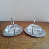 Salerons, Sel Poivre En Verre Au Manganese Support Métal Argenté