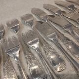 12 forks, 12 fish knives, silver-plated metal, rocaille pattern