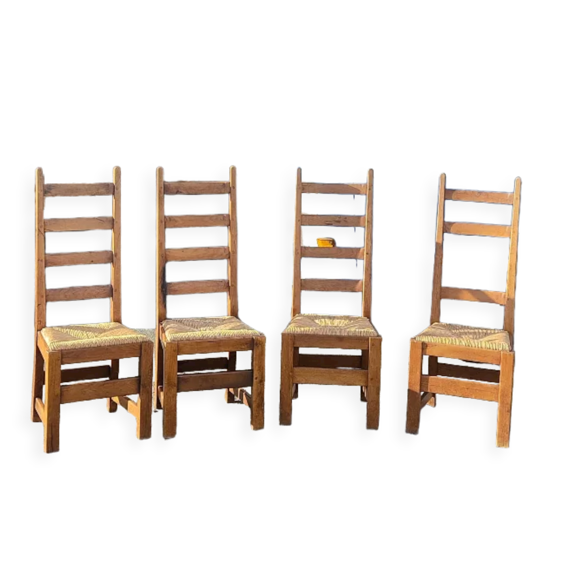 Ensemble de 4 chaises bois paille brutaliste