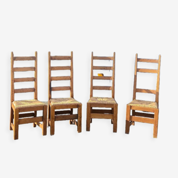 Ensemble de 4 chaises bois paille brutaliste