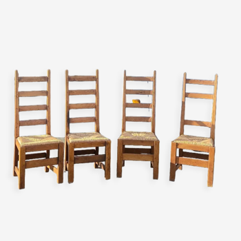 Set of 4 straw wood chairs, brutalist