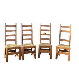 Ensemble de 4 chaises bois paille brutaliste