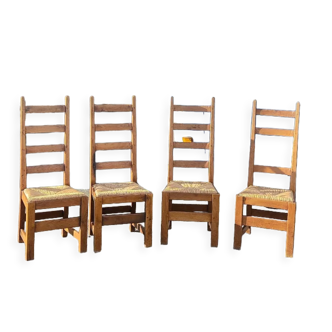 Set of 4 straw wood chairs, brutalist