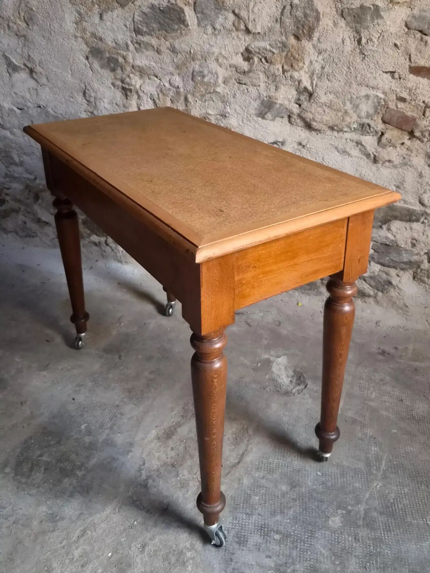 Vintage beech desk with a linoleum top and drawer.