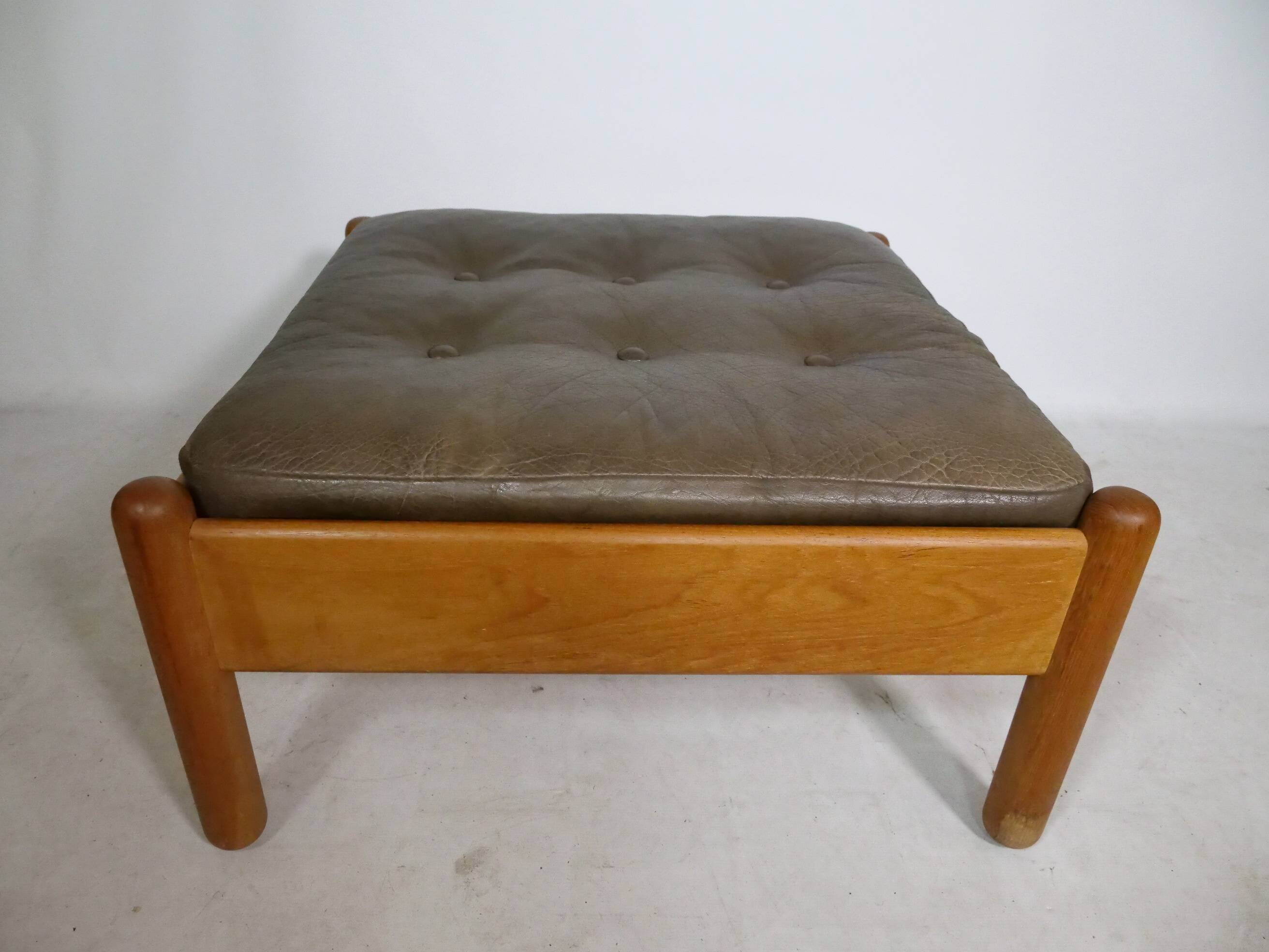 Mid-Century Danish Teak Footstool with Leather Cushion, 1970s