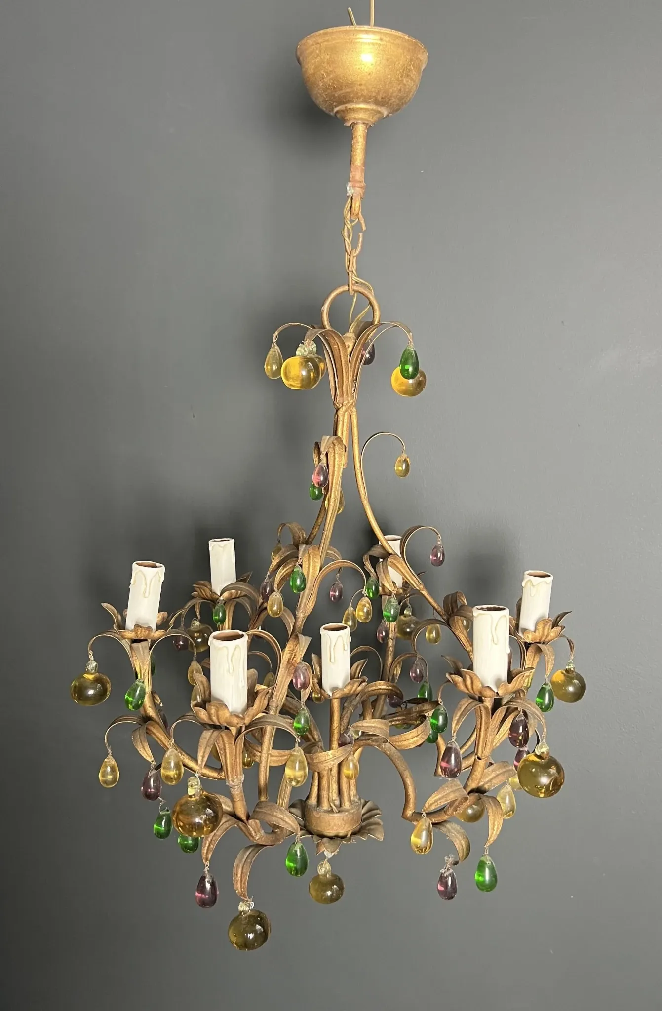 Golden Metal Cage with Leaf and Multi-Coloured Glass Fruit Decoration
