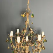 Golden Metal Cage with Leaf and Multi-Coloured Glass Fruit Decoration