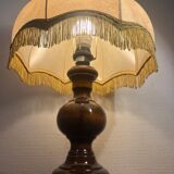 Solid wood floor lamp with 50s fabric and leather shade