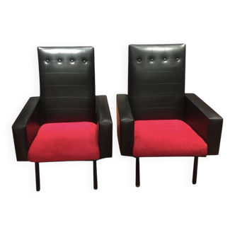 Pair of vintage armchairs in skai and fur