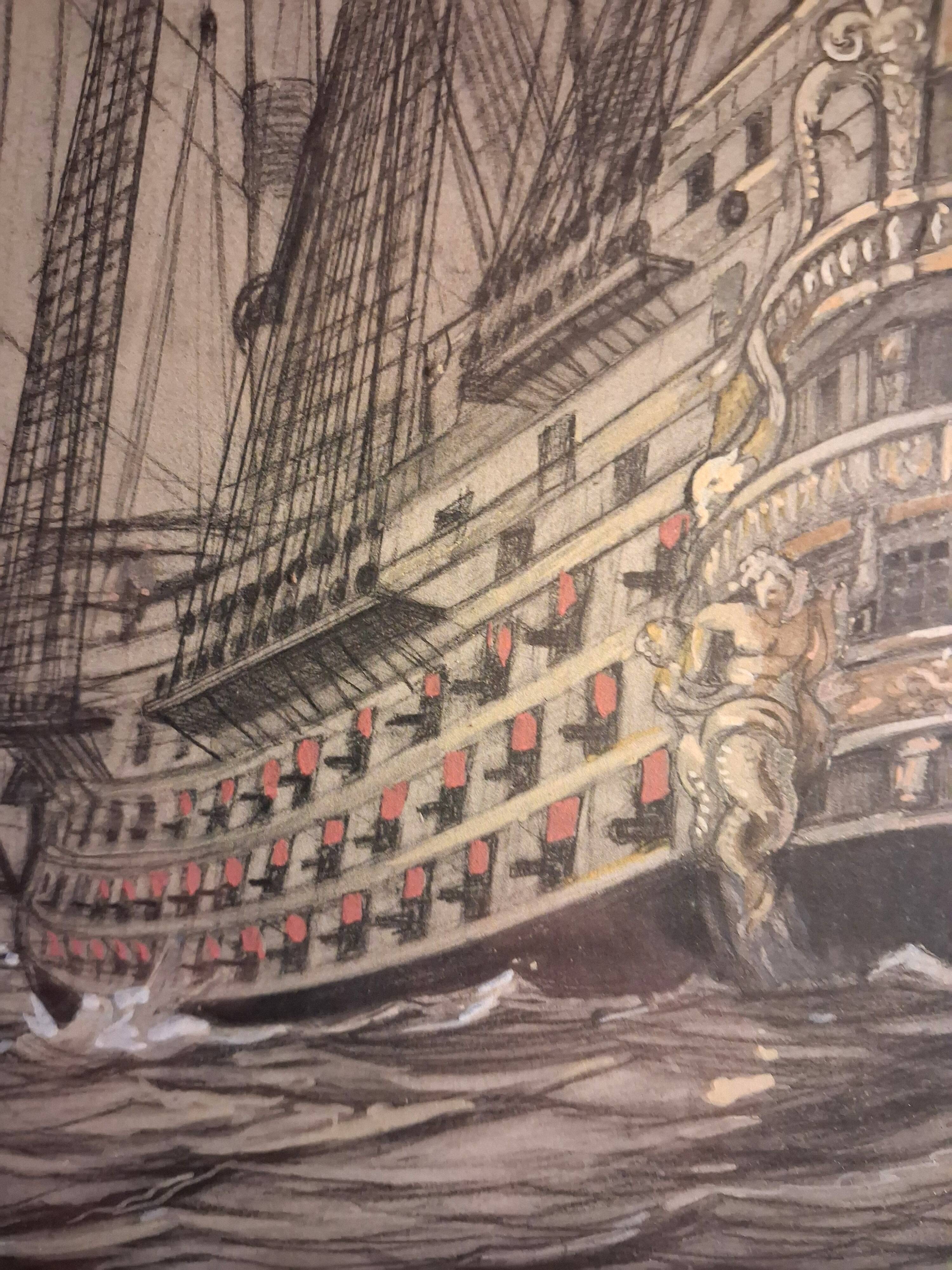 Drawing of an 18th-century ship, enhanced impression with gouache, Durand-Chapron.