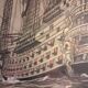 Drawing of an 18th-century ship, enhanced impression with gouache, Durand-Chapron.