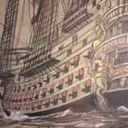 Drawing of an 18th-century ship, enhanced impression with gouache, Durand-Chapron.