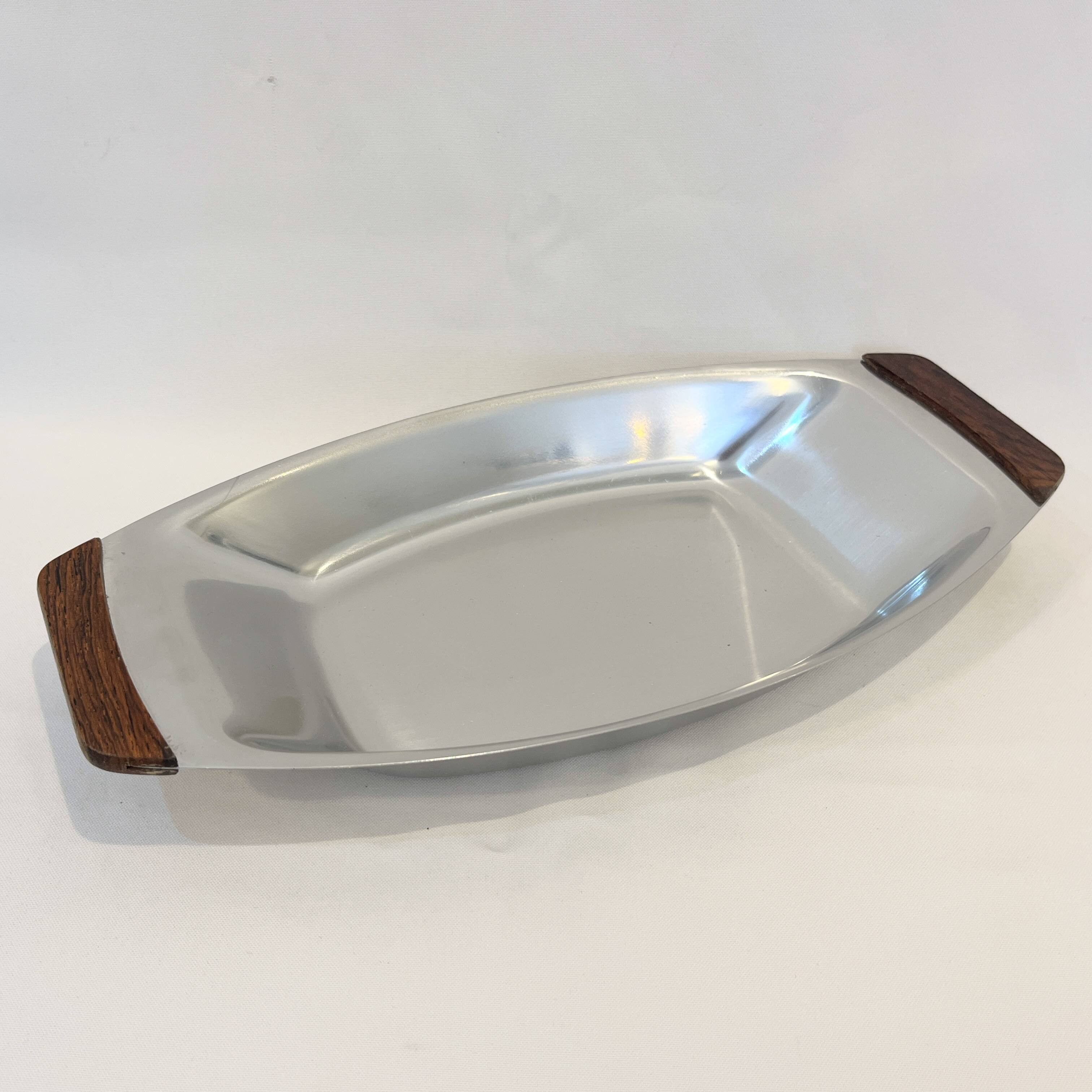 Large rectangular stainless steel and teak dish Braun & Kemmler West Germany 1970