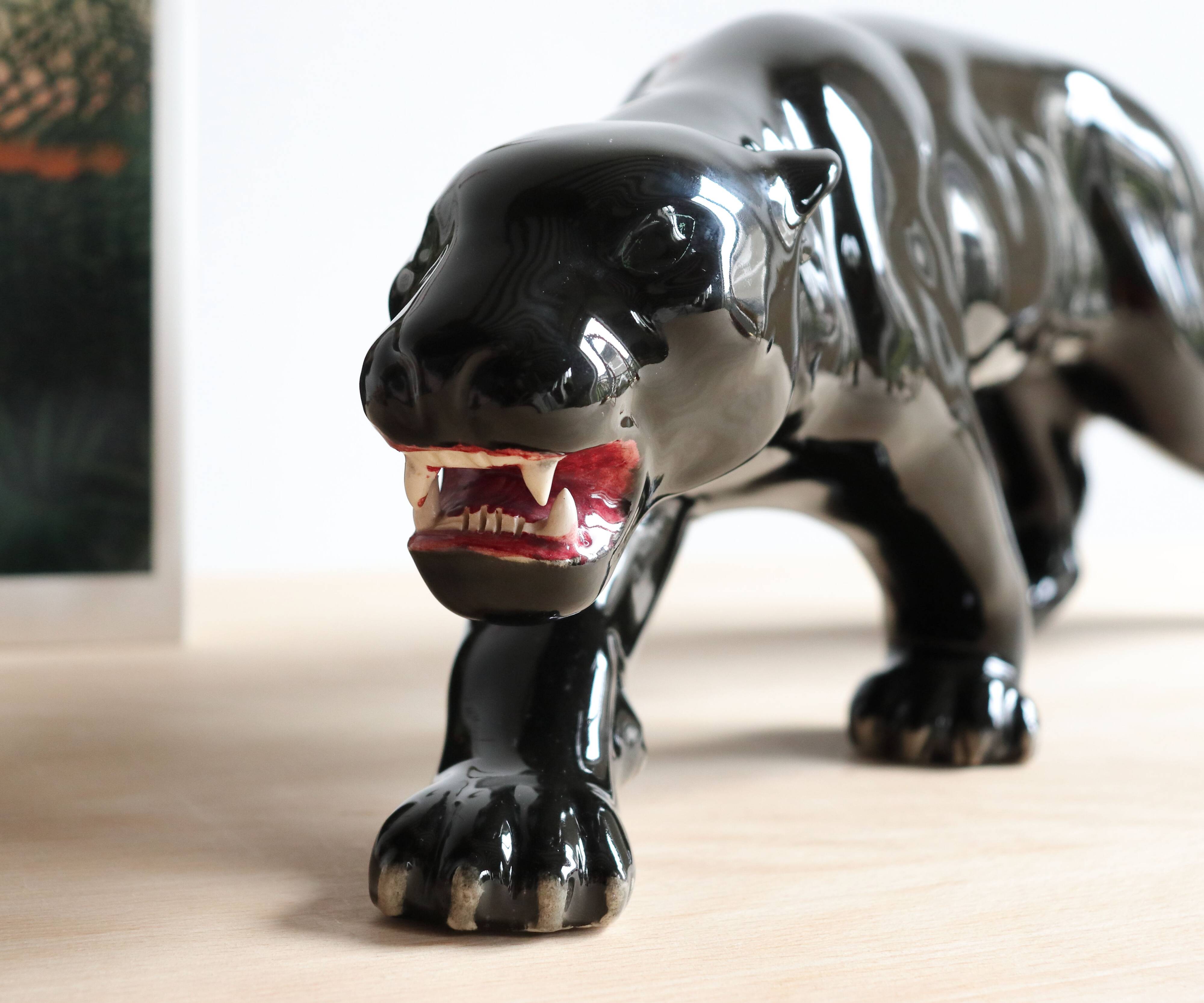 Art Deco ceramic black panther, 60cm sculpture