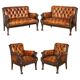 Ensemble Chesterfield cuir avec lion sculpté à la main restauré