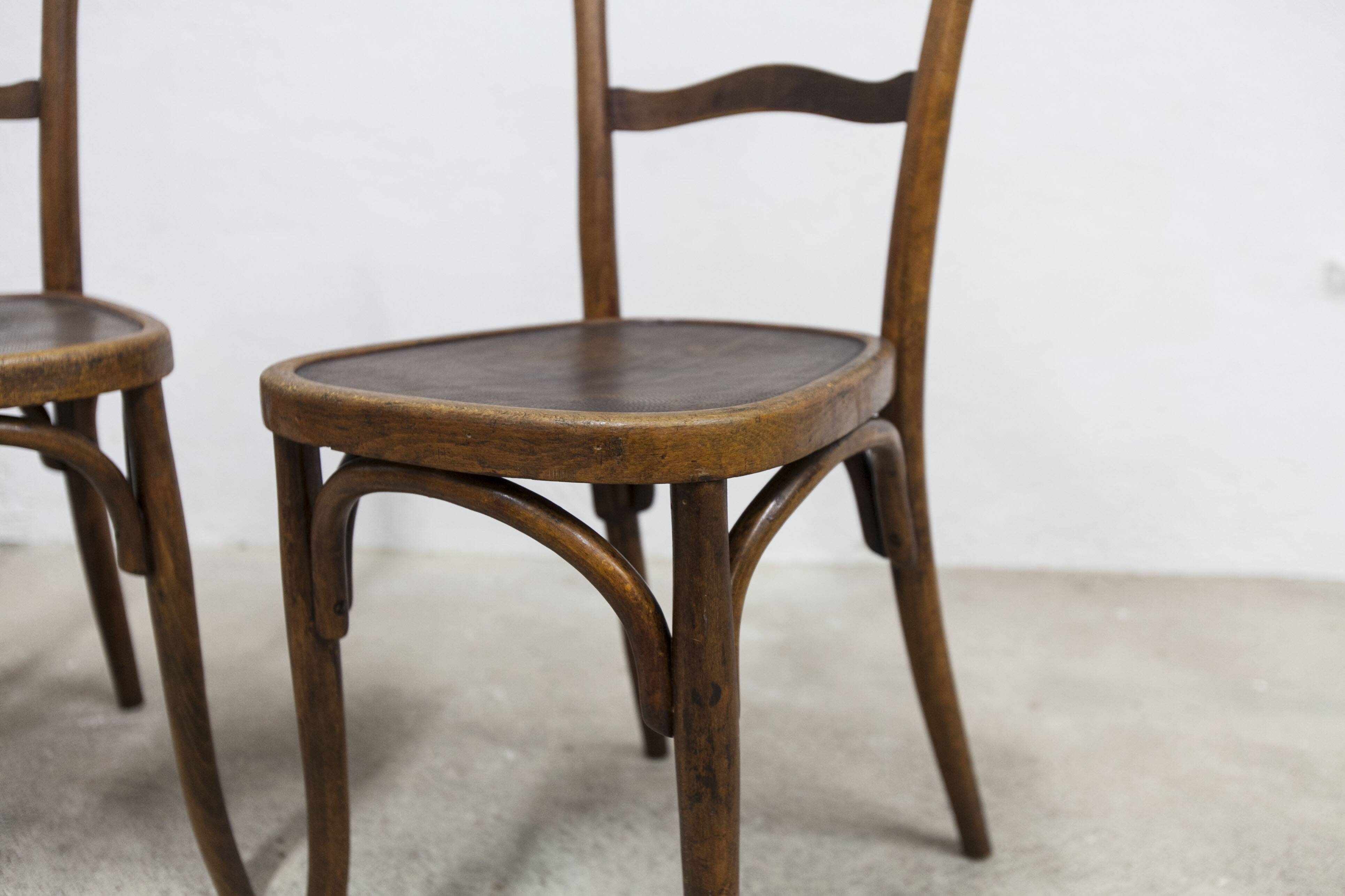 Pair of Baumann Bistrot chairs from the 1920s with pyrography seat