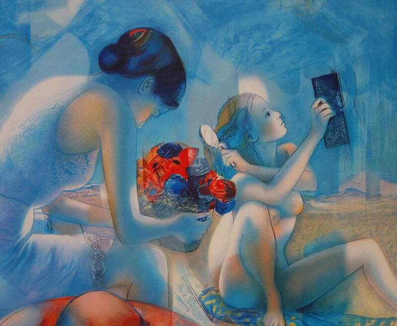 Jean-Baptiste Valadié: Blue Breeze, Mother and Daughter, original signed lithograph