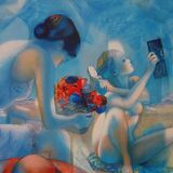 Jean-Baptiste Valadié: Blue Breeze, Mother and Daughter, original signed lithograph