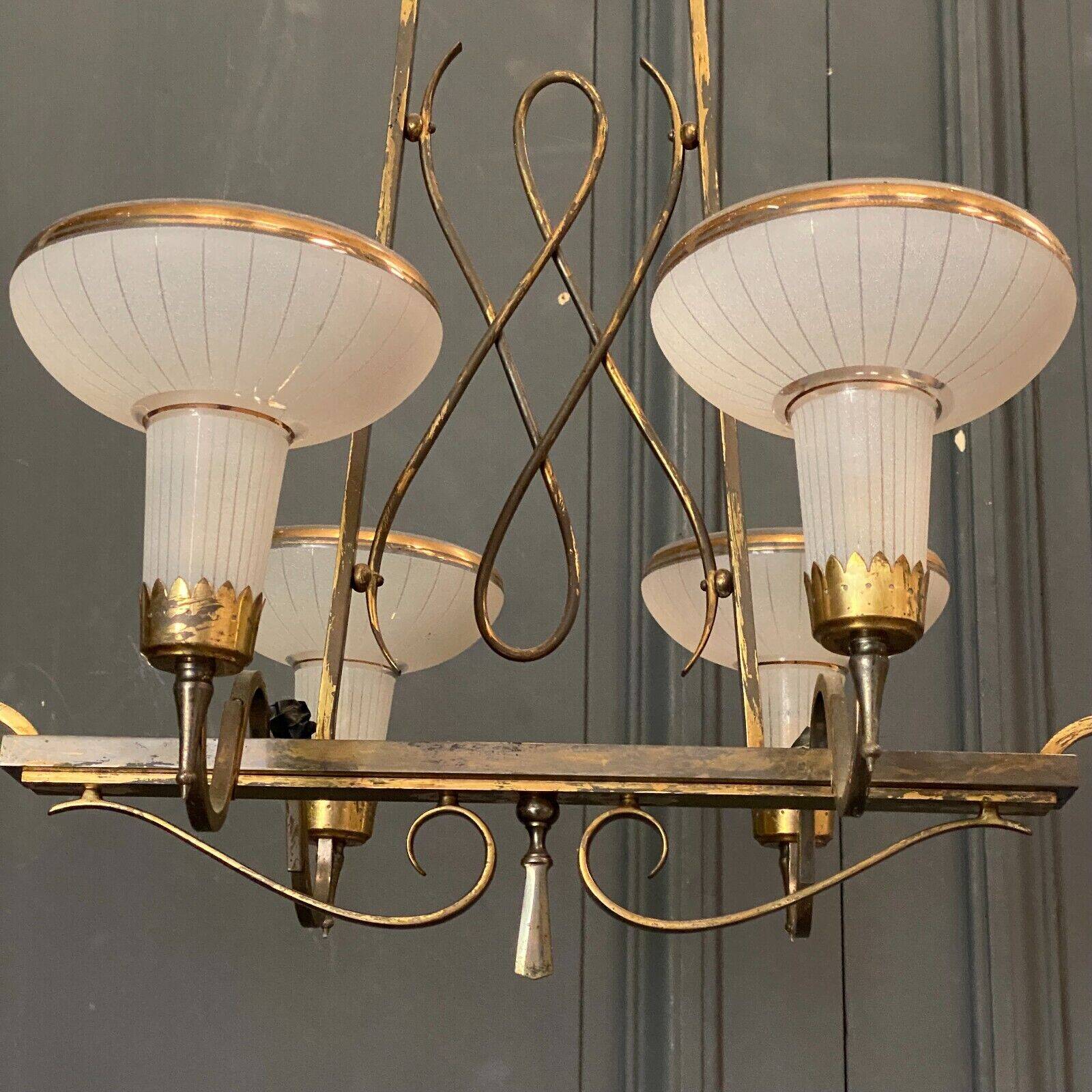 Chandelier in gilded metal 1950 6 lights cut in frosted glass