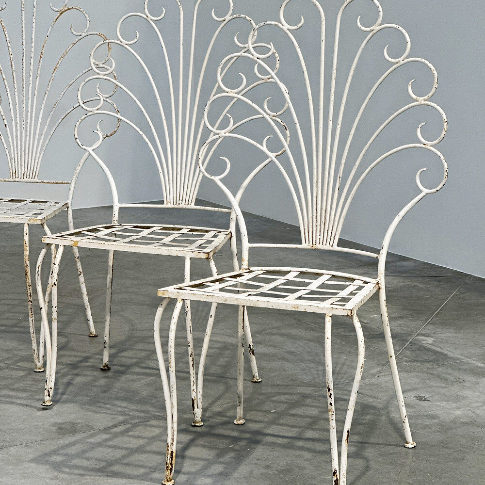 Rare exquisite set of six French peacock garden patio chairs, 1950s