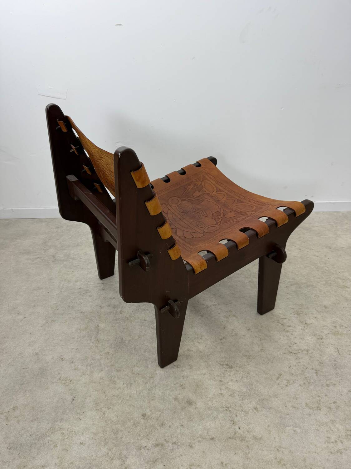 Vintage teak and leather armchair design Angel Pazmino brand Ecuador vintage 1960