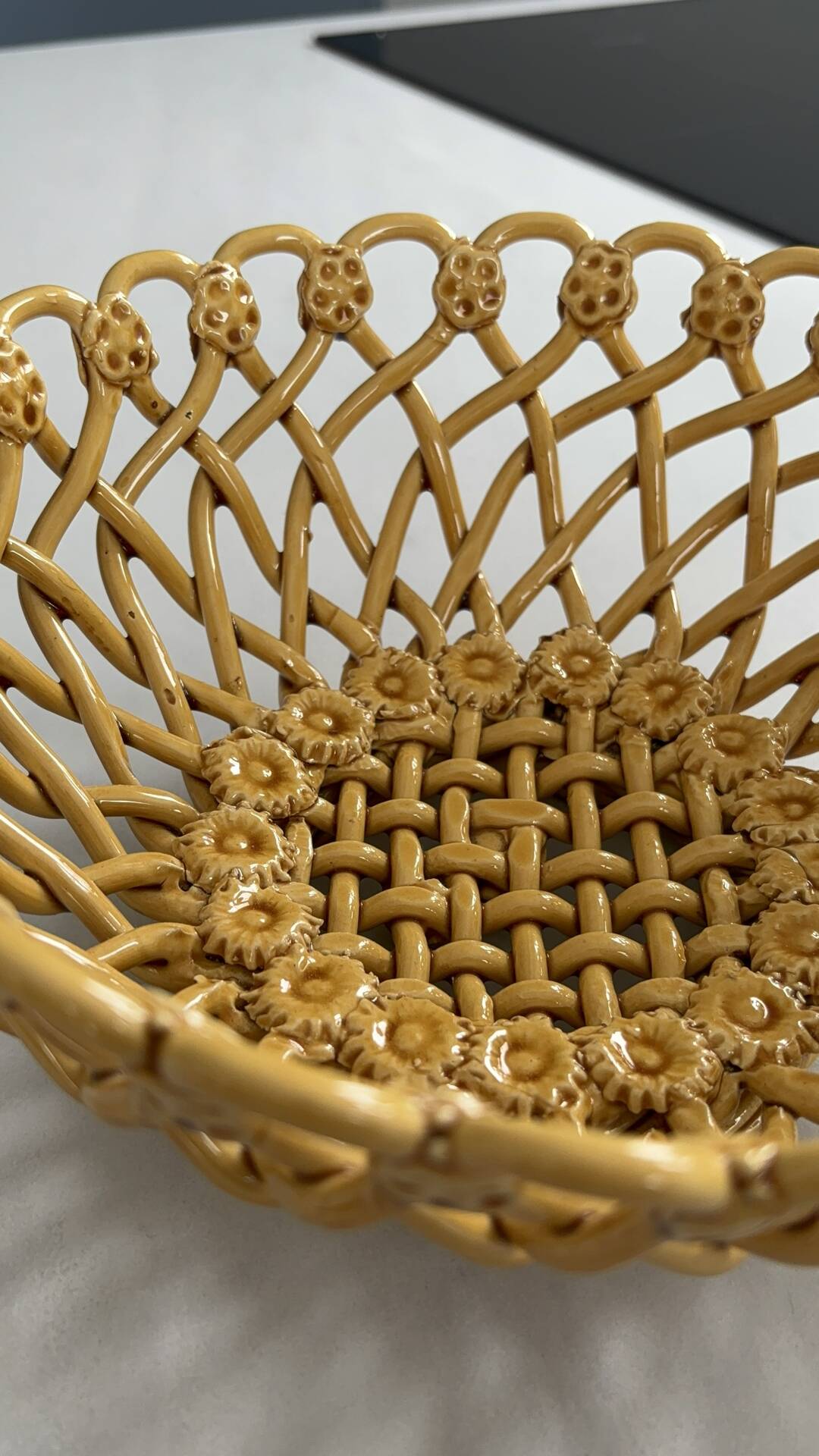 Pichon Uzès handmade ceramic basket – Yellow ochre openwork basket
