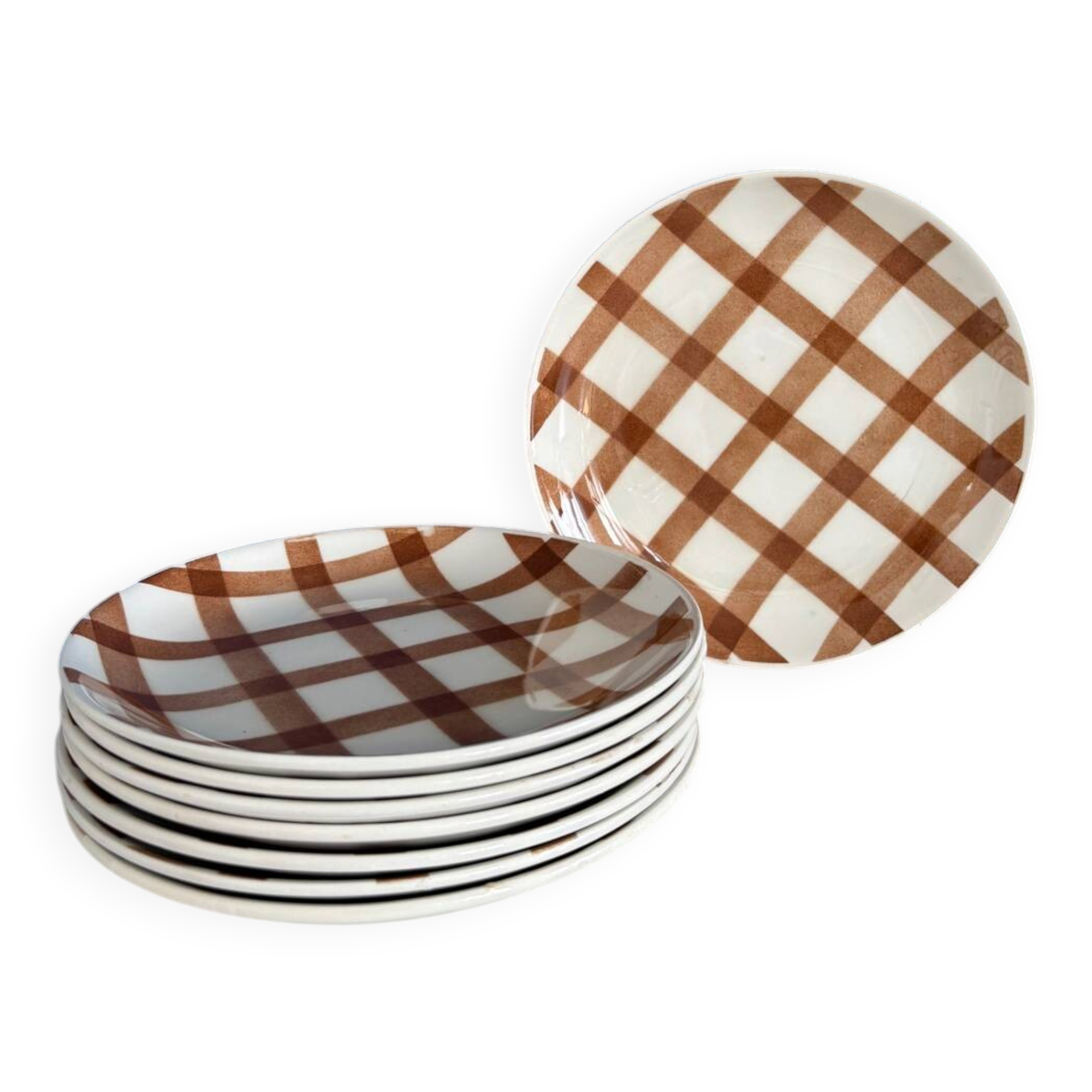 Set of 8 brown checkered plates Moulin des Loups tablecloth