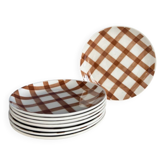 Set of 8 brown checkered plates Moulin des Loups tablecloth