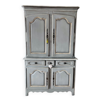 Buffet 2 corps / 2 portes bois / 3 tiroirs  En Chêne européen massif  Colori Gris rechampi Blanc