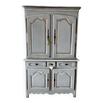 Sideboard 2 bodies / 2 wooden doors / 3 drawers In solid European Oak Color Gray rechampi White