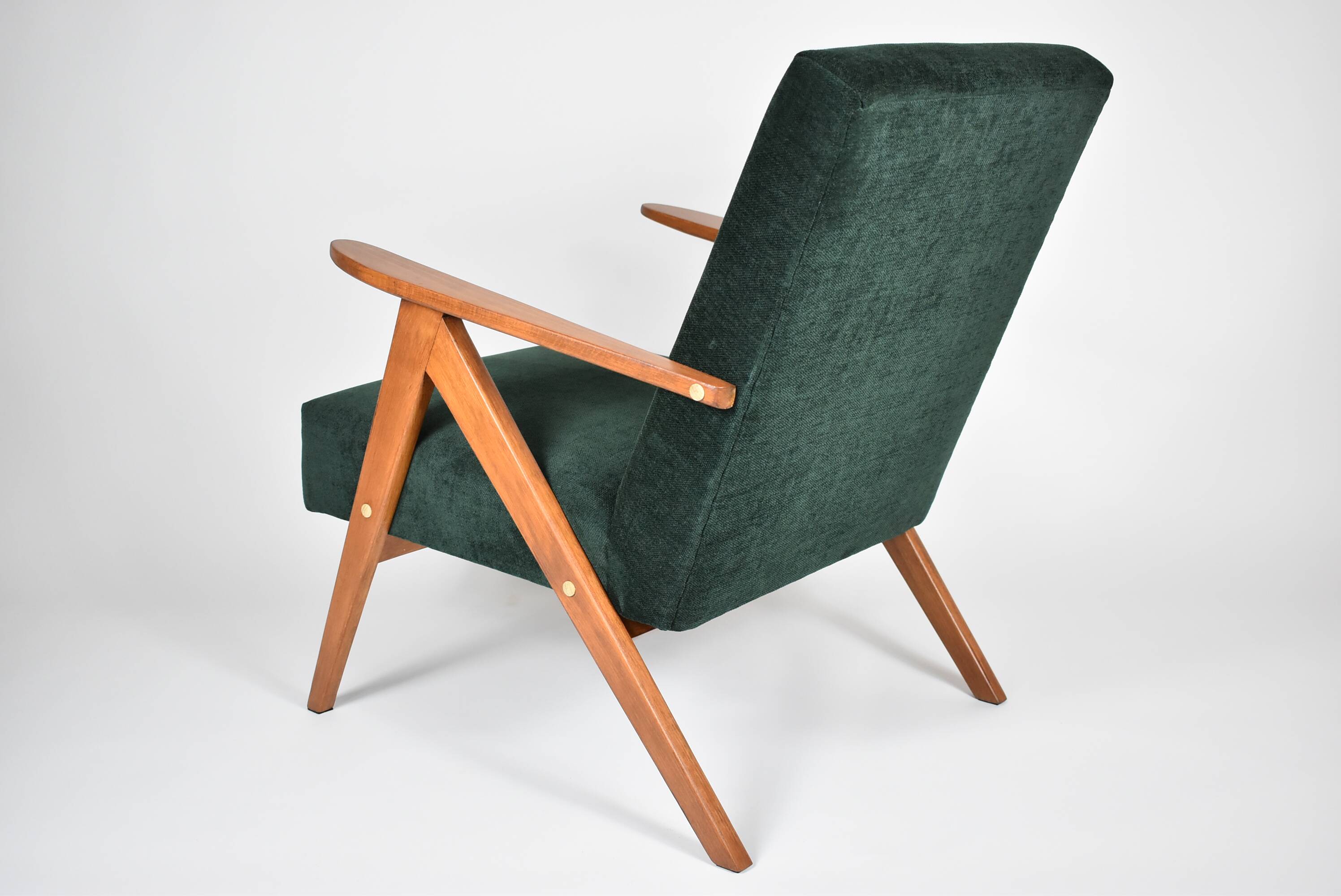 Fauteuil compas restauré, tissu vert forêt, bois de teck, 1960