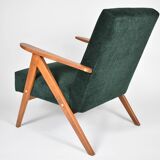 Fauteuil compas restauré, tissu vert forêt, bois de teck, 1960