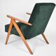 Fauteuil compas restauré, tissu vert forêt, bois de teck, 1960