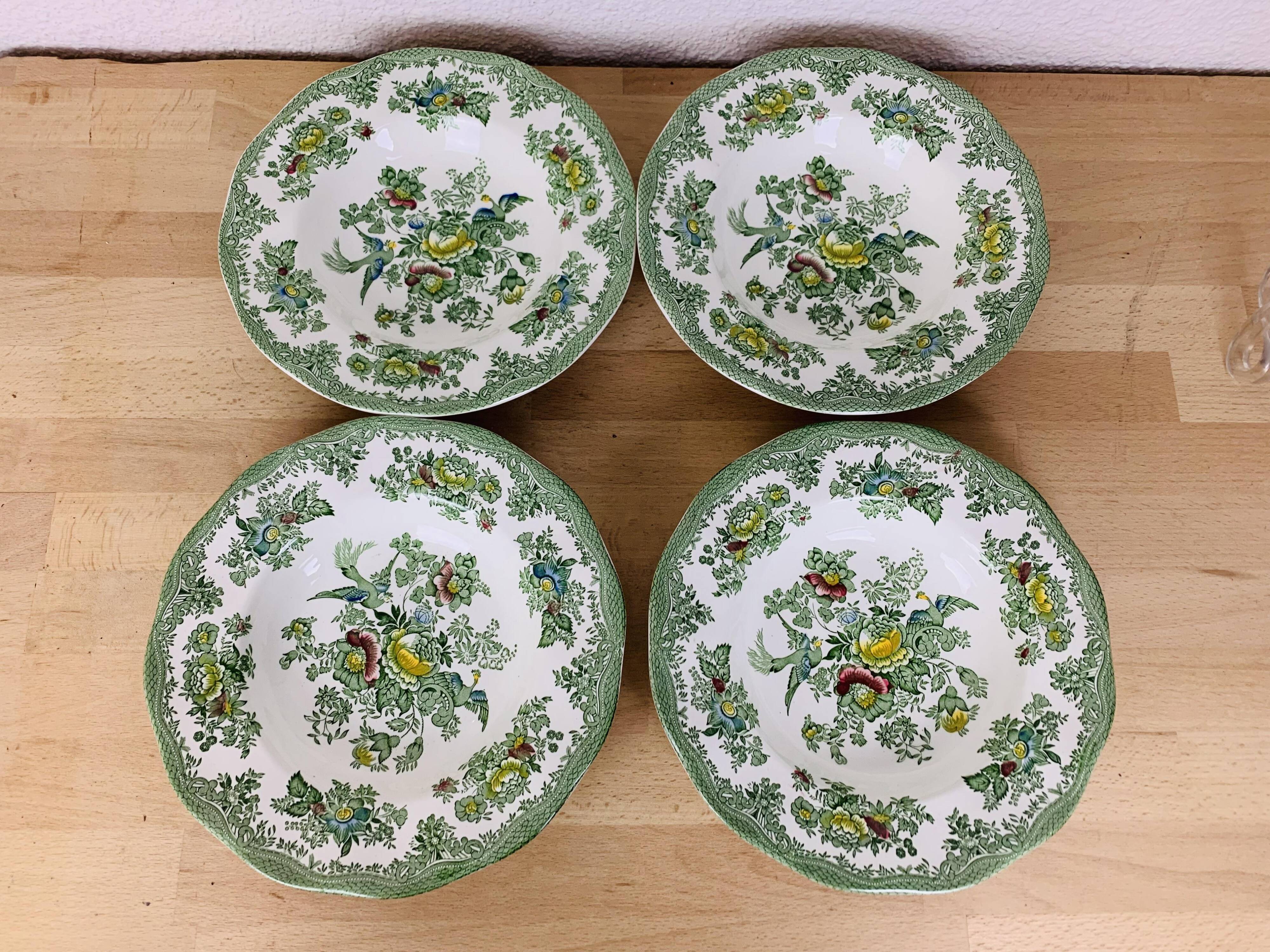 4 dessert plates Wedgwood Oriental Pheasants green