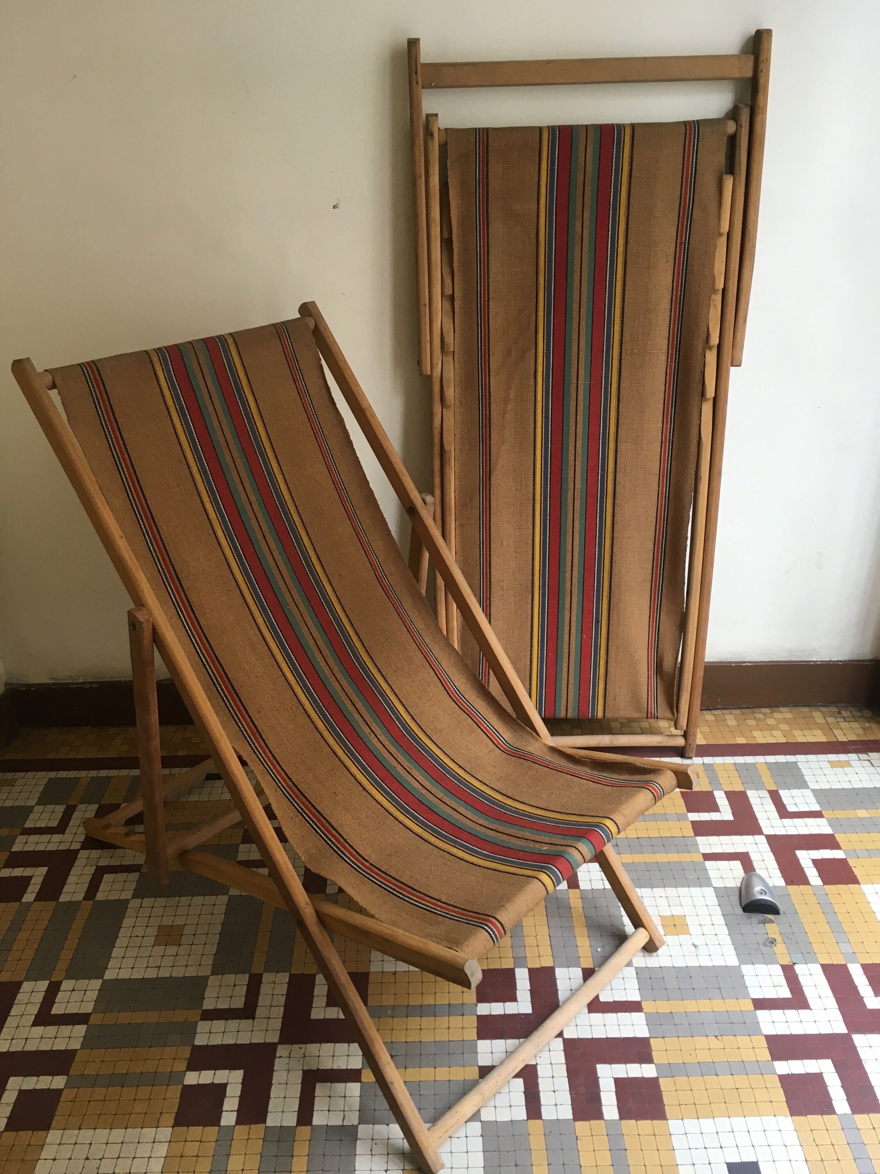 Paire de transats fin 1950 en toile de jute d'origine