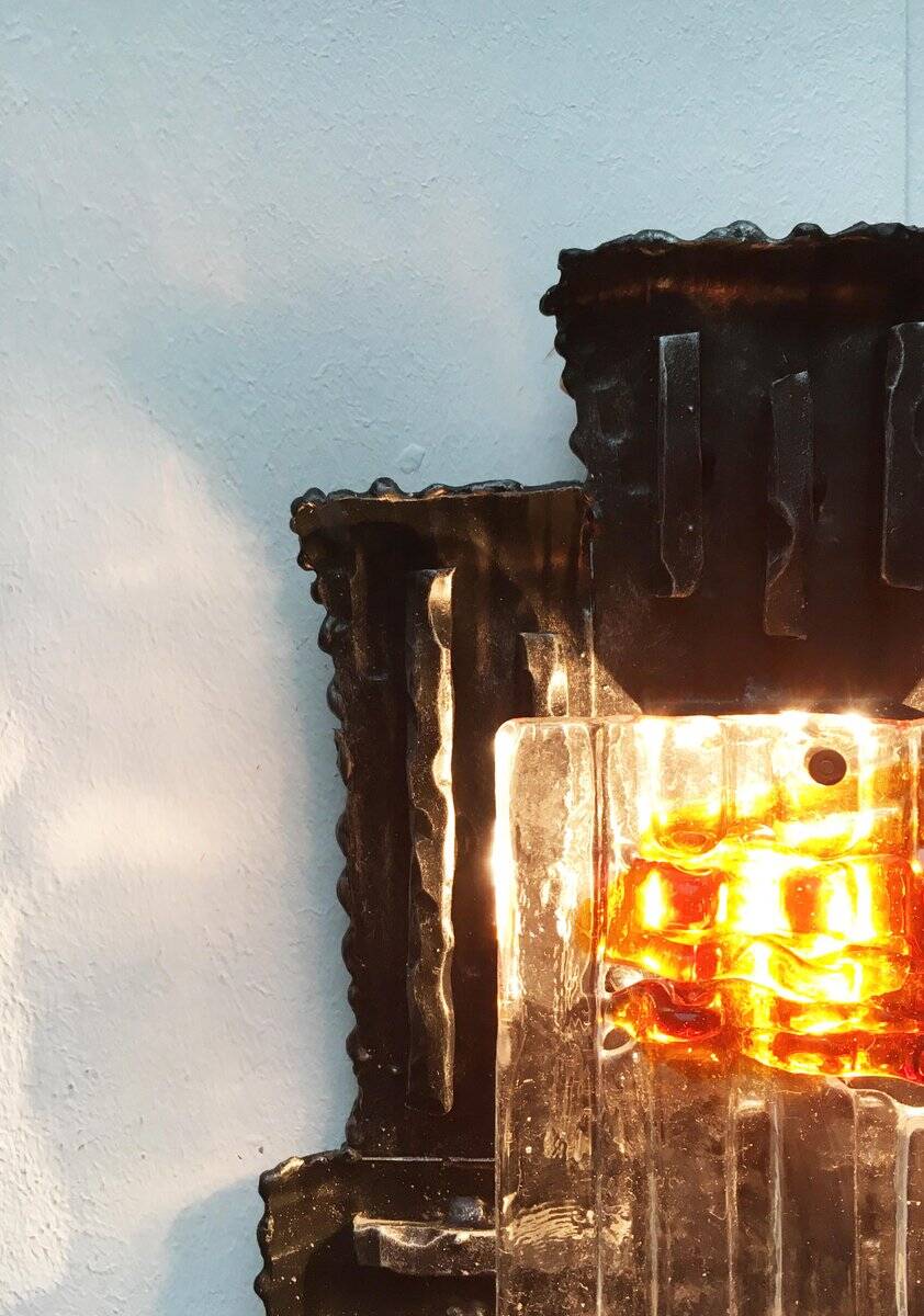 Vintage Italian brutalist wrought iron wall lamp by Albano Poli for Poliarte, set of 4.