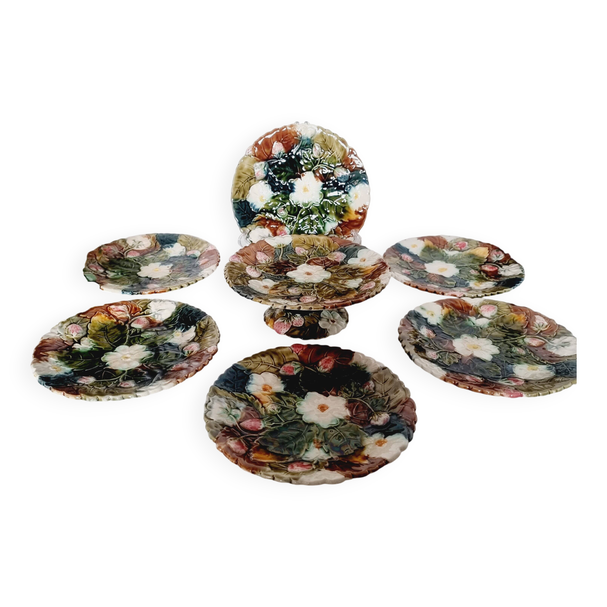 Set of 6 french onnaing barbonite ceramic plates and cake plate