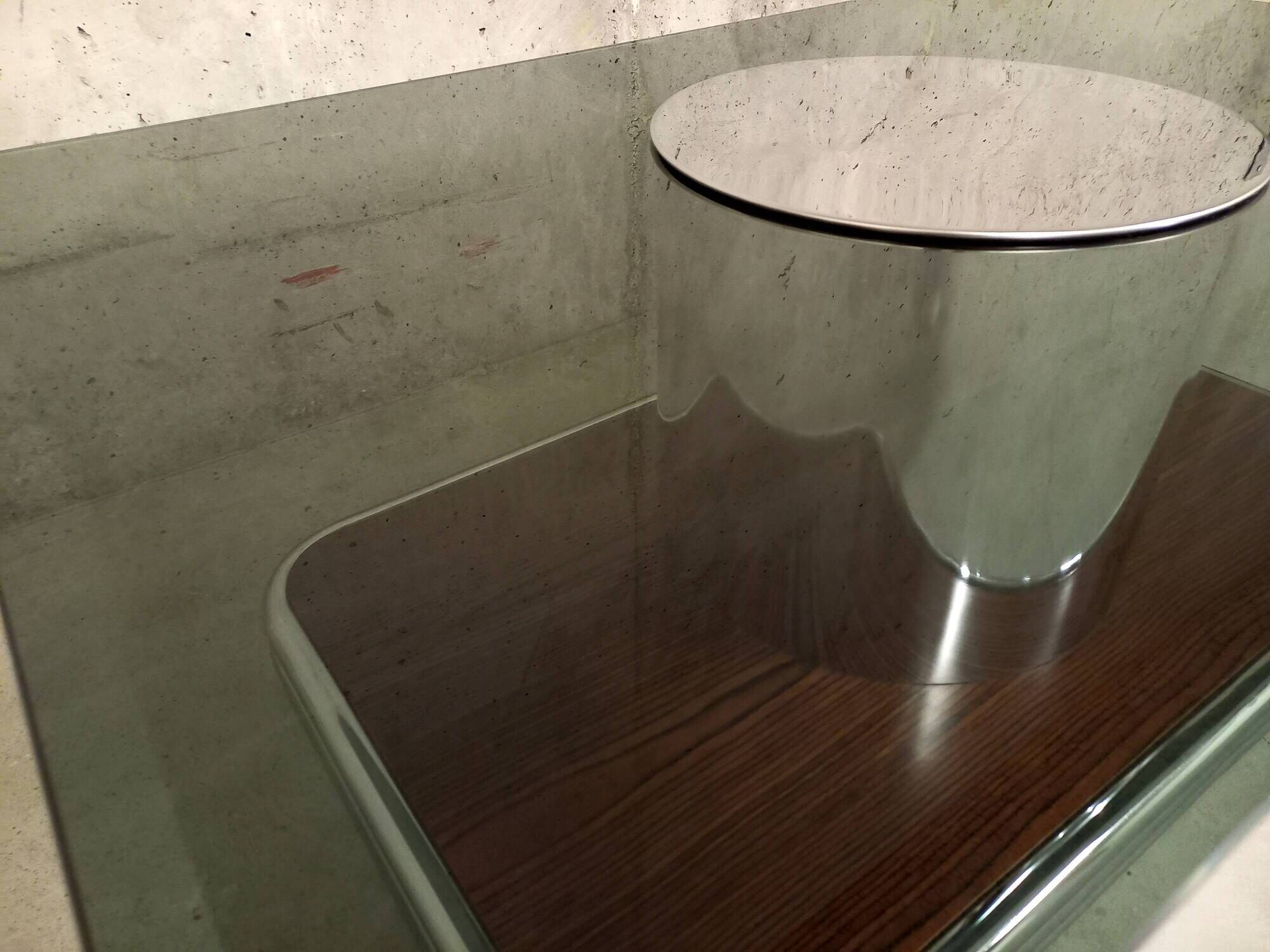 Vintage coffee table in smoked glass, chrome metal and wood décor 60s 70s