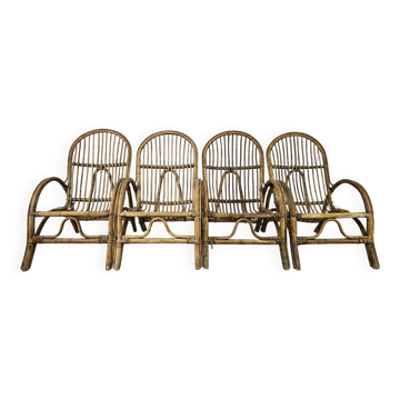 Quatre fauteuils en osier vintage, années 1970