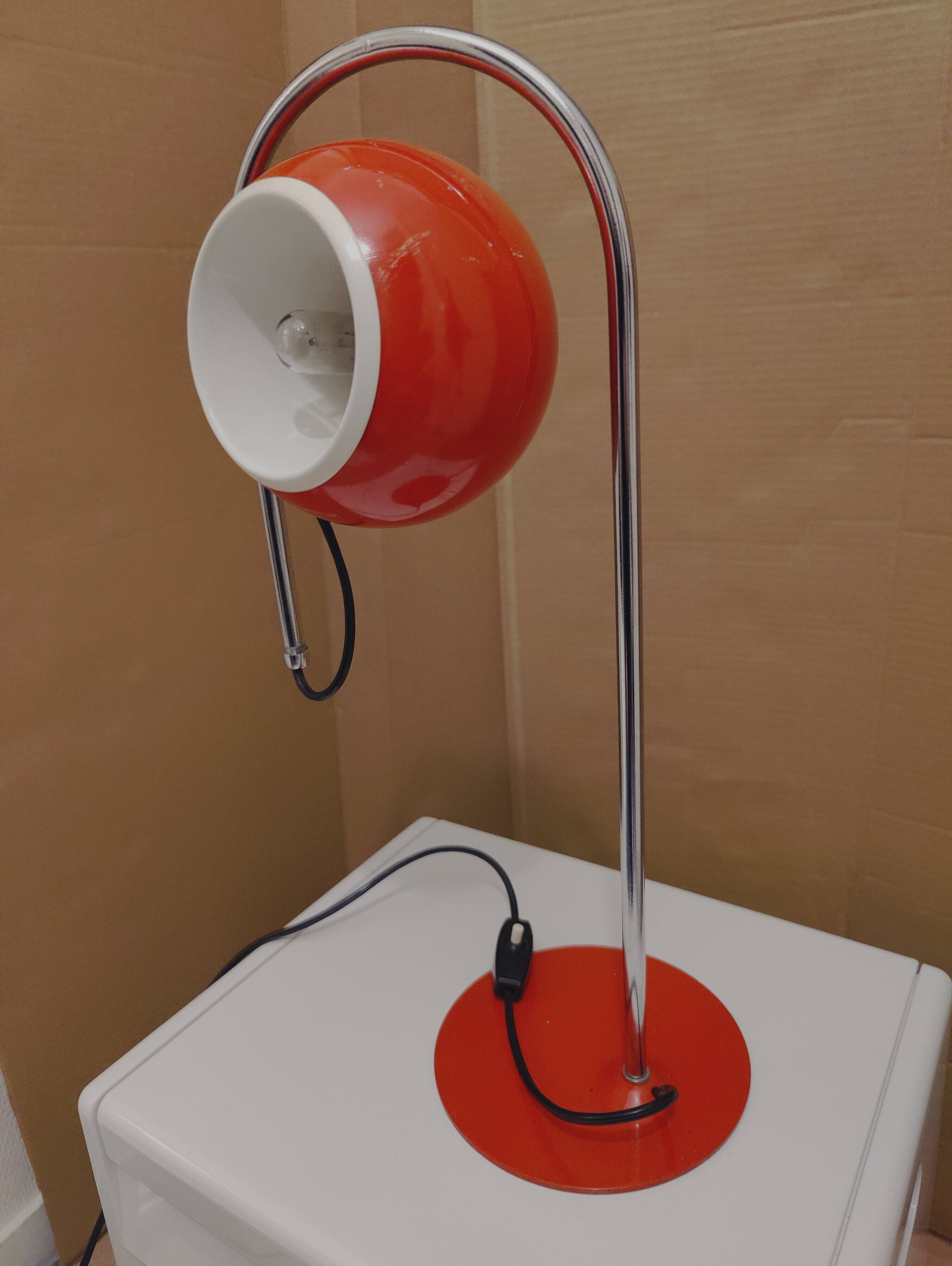 Eyeball space age orange desk or bedside lamp on an arc base