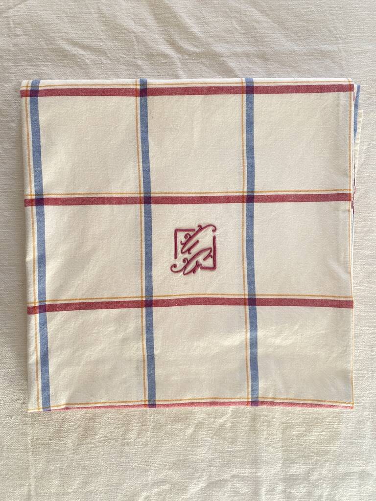 Nappe ancienne écossaise monogrammée CG- Coton - 140x140 cm