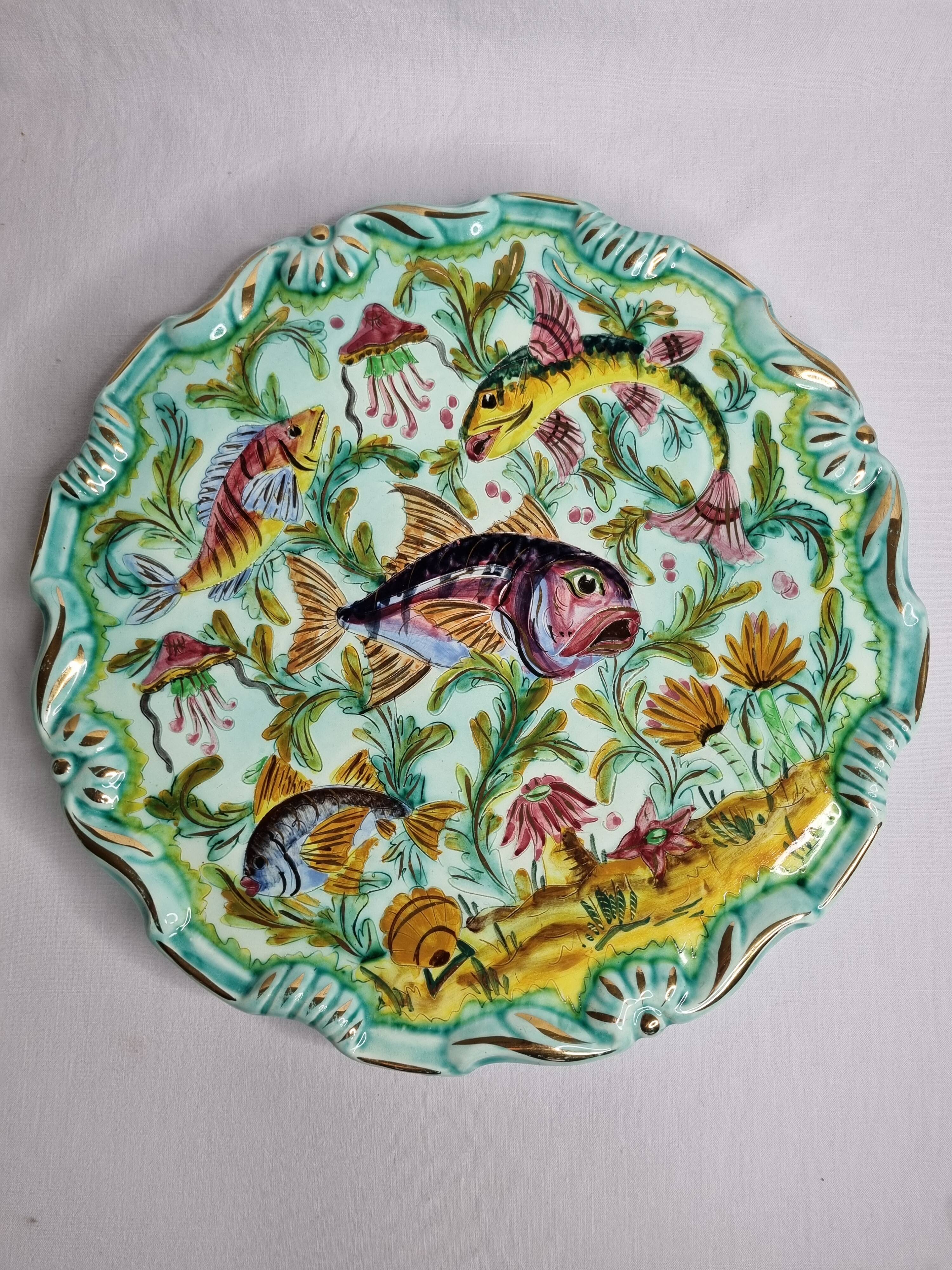 Vintage decorative dish Cerart Monaco fish decor signed ceramic, 37 cm