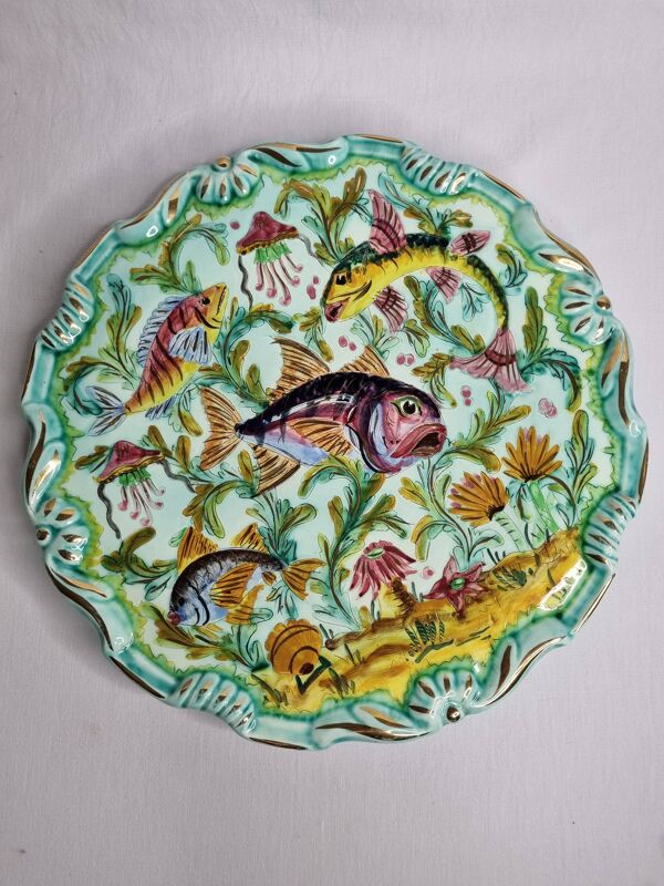 Plat décoratif vintage Cerart Monaco décor poissons céramique signée, 37 cm