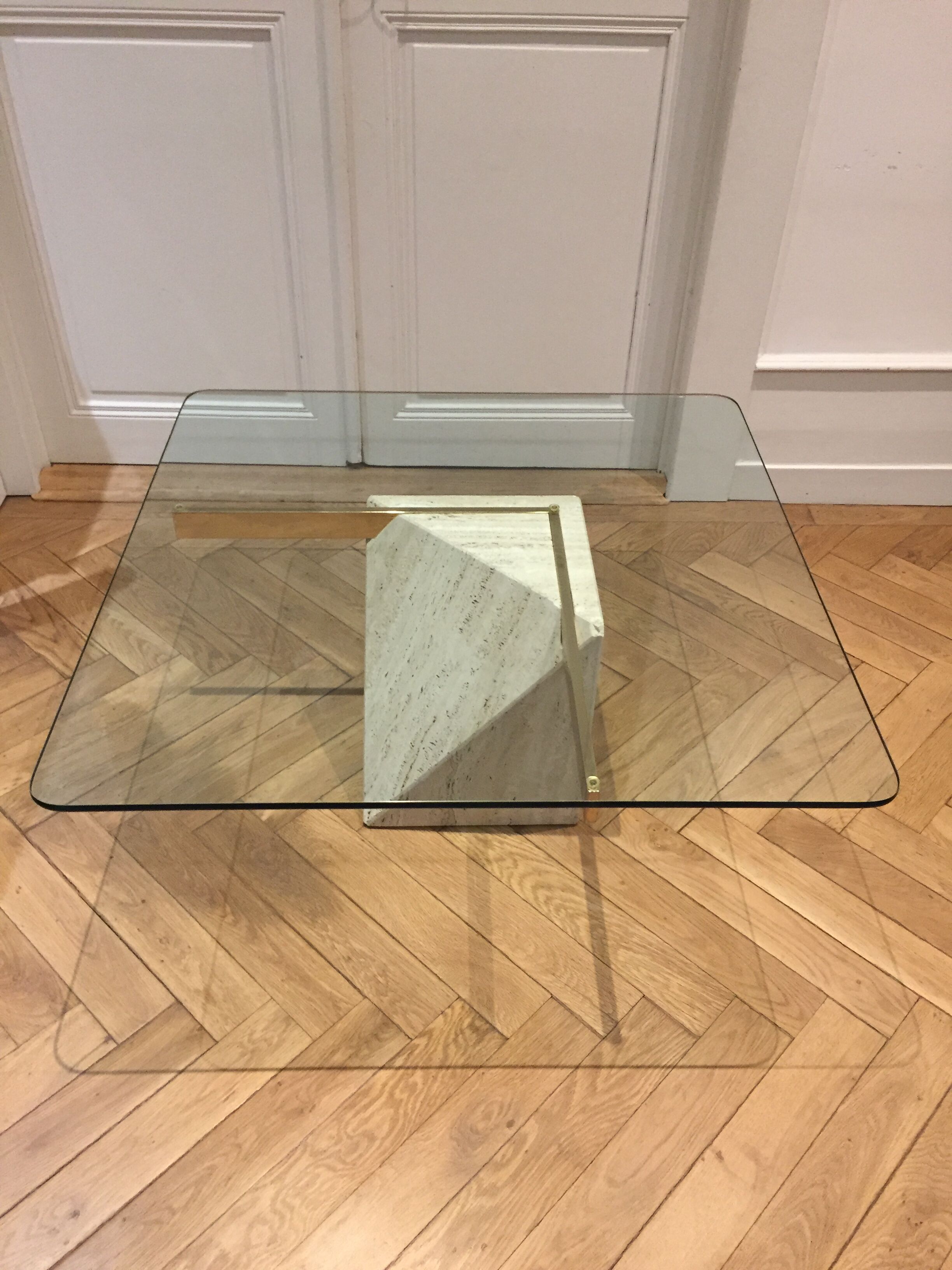 Artedi Italy coffee table in travertine, brass and glass 1970s