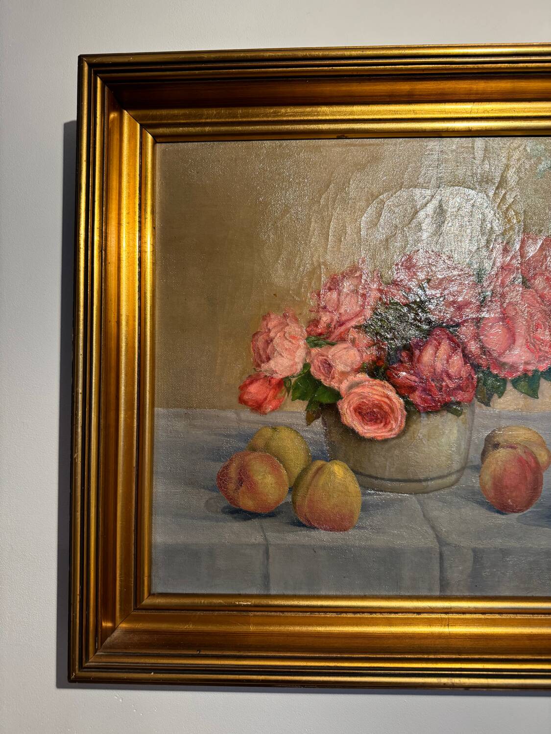 Old painting, Still life or roses and fruits, early 20th century