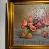 Tableau ancien, Nature morte ou roses et fruits début XX siècle