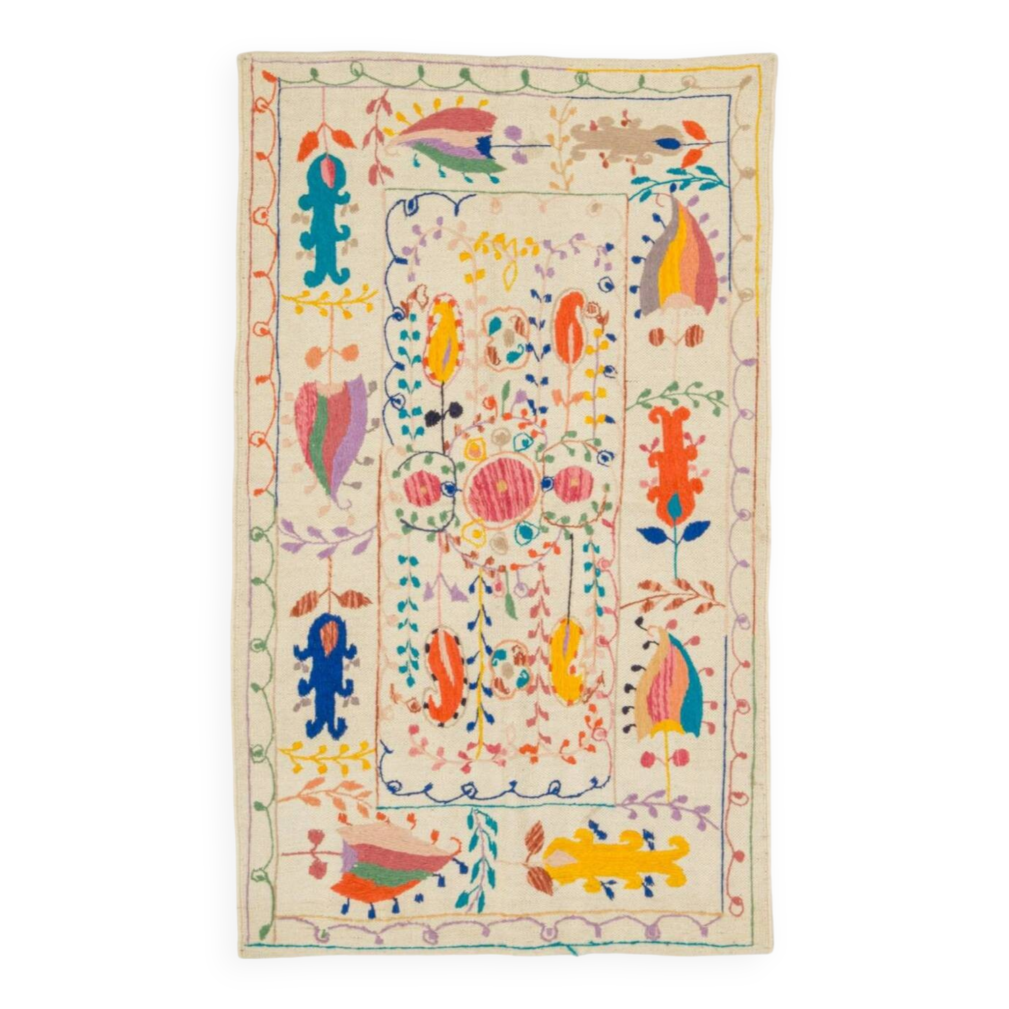 White suzani kilim rug with embroidered colorful patterns