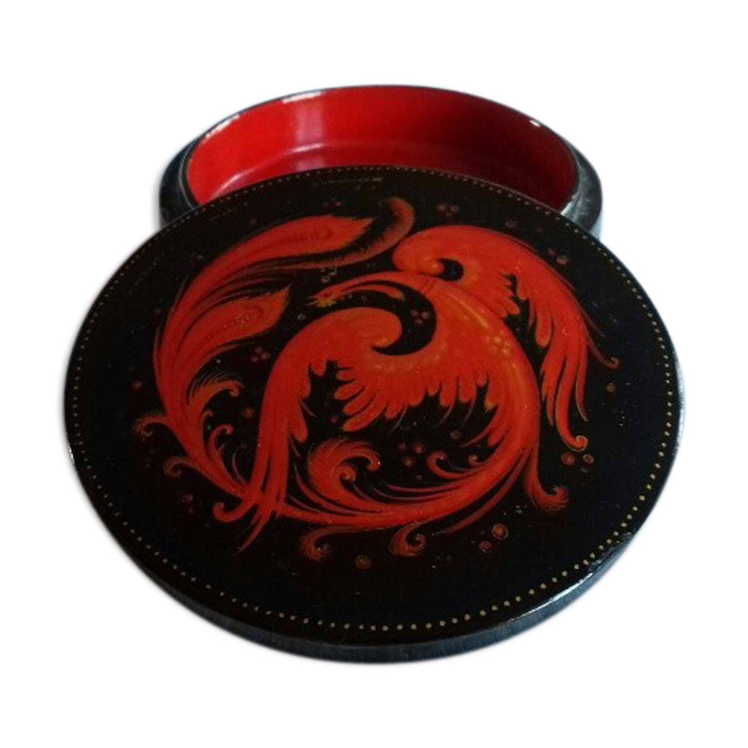 Russian box in black laque, bright red décor
