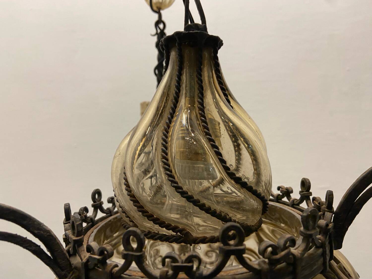 Antique Wrought Iron Murano Glass Light Pendant