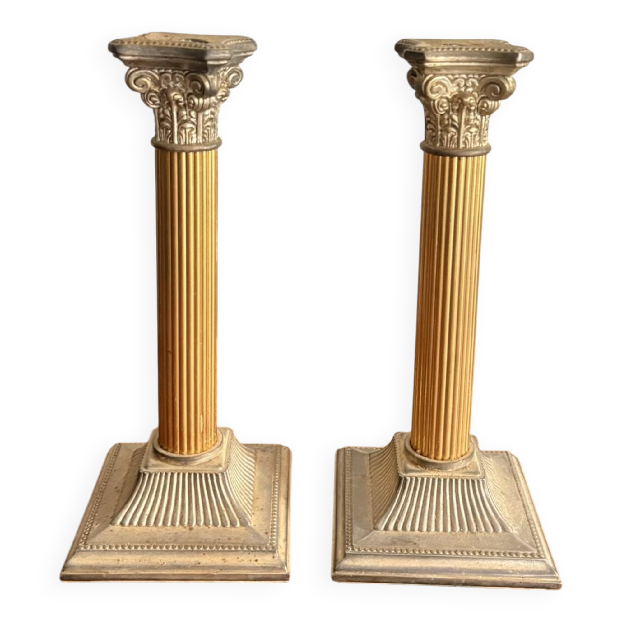 Pair of Silver Metal Candle Holders Neo-Classical Fluted Corinthian Column